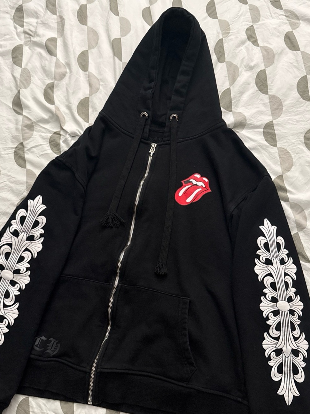 Chrome Hearts Black Zip-Up Hoodie with Red Tongue Logo